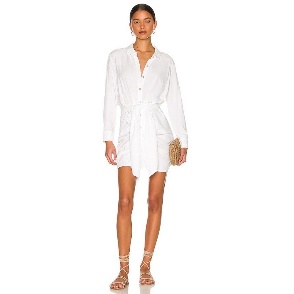 L * Space White Aura Button Up Tie Front Long Sleeve Dress New $84 XS